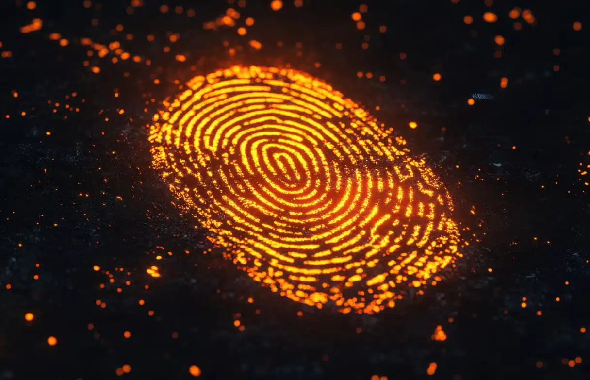 A glowing orange fingerprint is illuminated on a dark background, with scattered particles surrounding the print, giving it a digital and high-tech appearance.