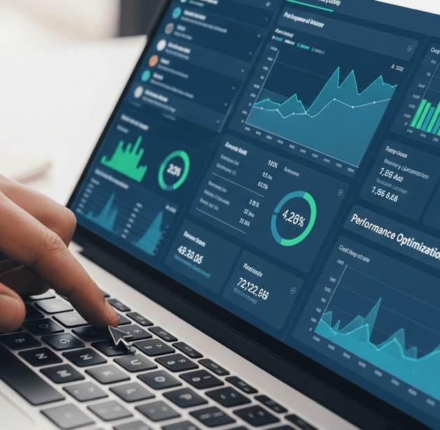 A hand points at the keyboard of a laptop displaying multiple data dashboards with charts, graphs, and statistics in blue and green tones on the screen.