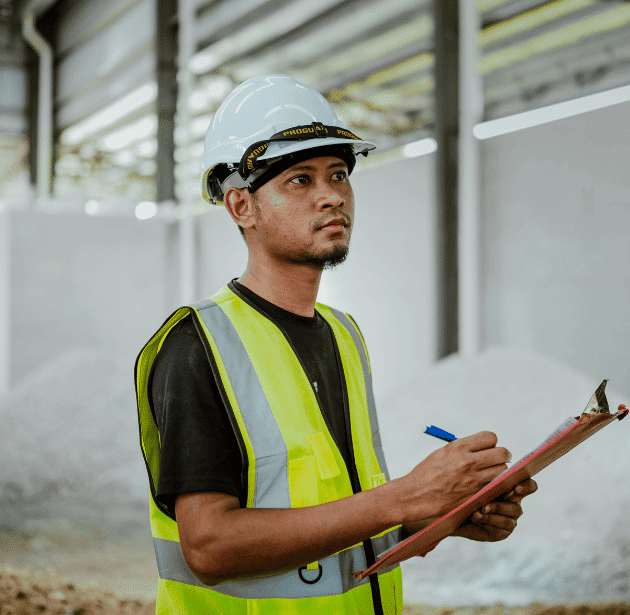 A man wearing a white safety helmet and yellow reflective vest holds a clipboard and pen, standing in an industrial warehouse with piles of material in the background.