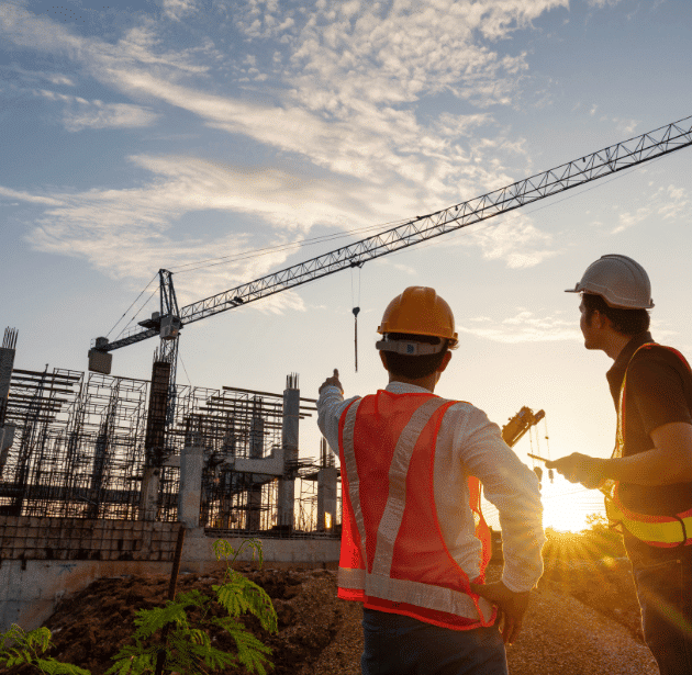 Two construction workers in safety vests and helmets stand at a building site at sunset, with one pointing toward a large crane and a partially built structure in the background.