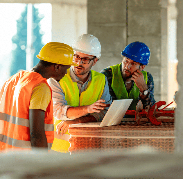 Three construction workers in safety gear and helmets have a discussion around a laptop at a building site. One gestures while talking, another listens thoughtfully, and construction materials are visible in the background.