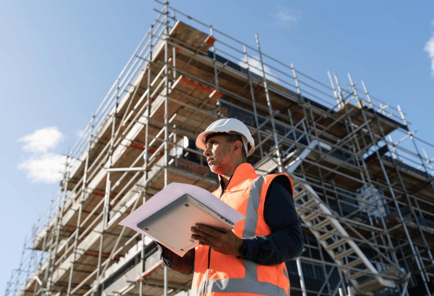 A construction worker in a hard hat and orange safety vest holds documents or a clipboard, standing in front of a multi-story building under construction with scaffolding against a blue sky.