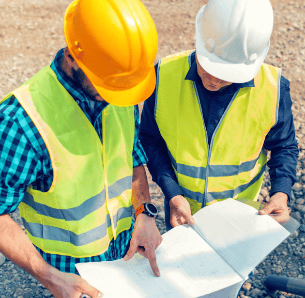 Two construction workers wearing yellow safety vests and hard hats stand outdoors, closely examining blueprints or plans together on a construction site with a gravel surface.