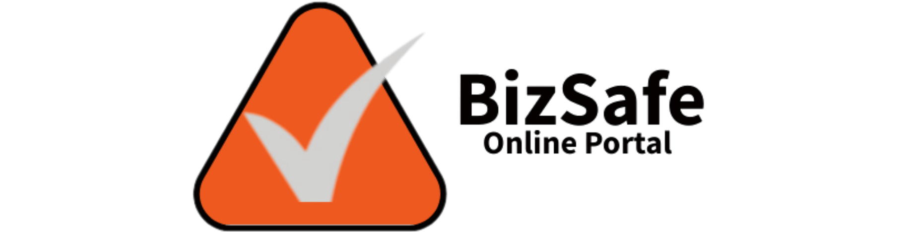 Logo for BizSafe Online Portal featuring an orange triangle with a white check mark inside, next to the words "BizSafe Online Portal" in bold black text on a white background.