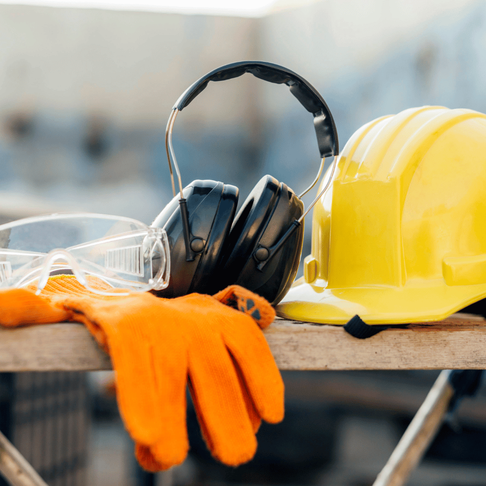 A pair of orange work gloves, safety glasses, black ear protection, and a yellow hard hat are arranged on a wooden surface, representing construction safety gear.