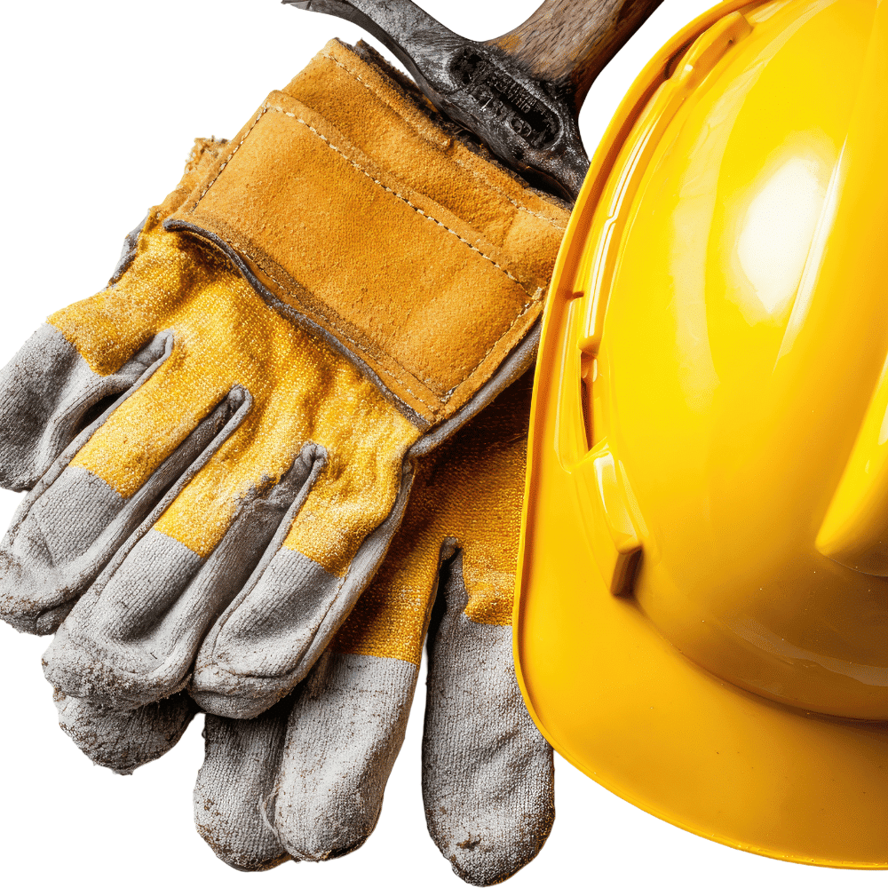 A pair of yellow and gray work gloves, a yellow hard hat, and the handle of a tool arranged together on a white background, representing construction or manual labor safety equipment.