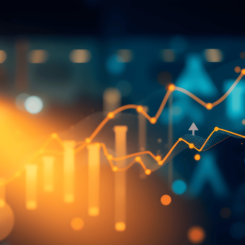 A blurred financial graph with glowing orange and blue lines and data points, suggesting growth and upward trends, set against a dark background with abstract lights.